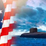 American flag and submarine at sea under a cloudy sky.