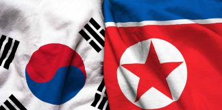 South Korean and North Korean flags side by side.