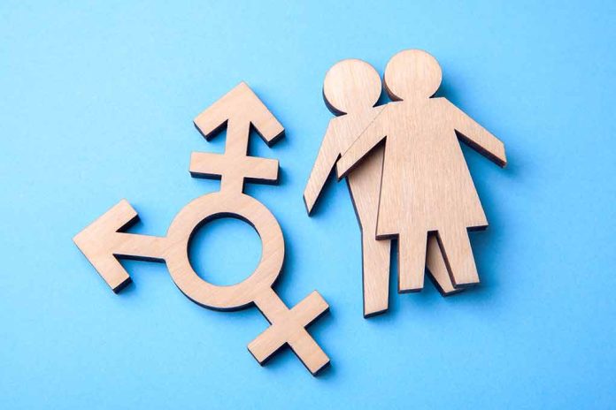 Figures and transgender symbol on a blue background.