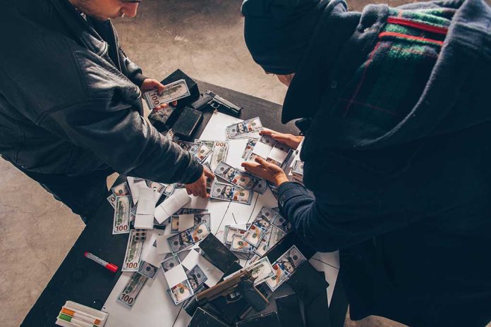 Two individuals handling stacks of money on a table.