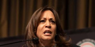 Kamala Harris makes a face while at a podium