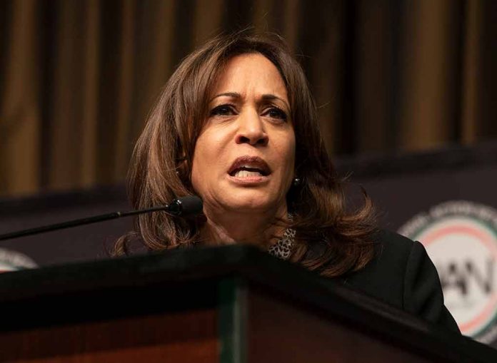 Kamala Harris makes a face while at a podium