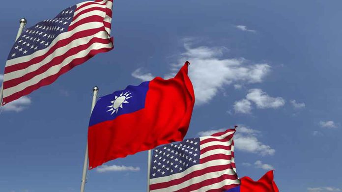 American and Taiwanese flags waving in the sky.