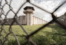 Prison watchtower and fence viewed through chain-link fence.