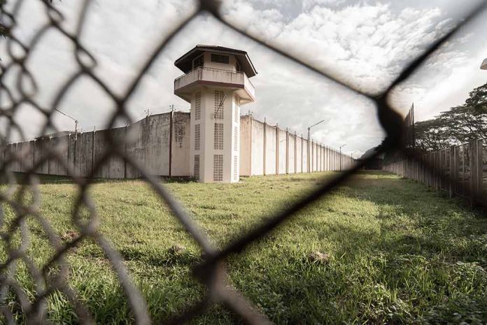 Prison watchtower and fence viewed through chain-link fence.