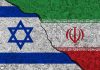 Israeli and Iranian flags divided by a cracked line.