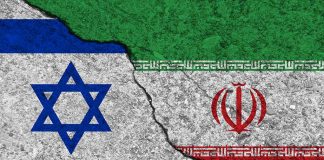 Israeli and Iranian flags divided by a cracked line.