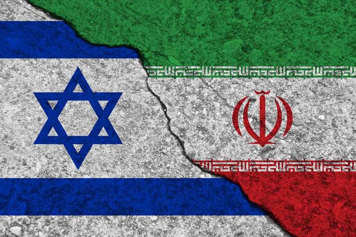 Israeli and Iranian flags divided by a cracked line.