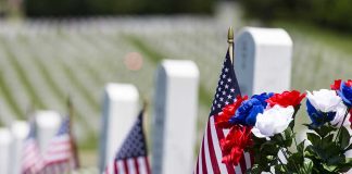 image of American flags adorning gravestones