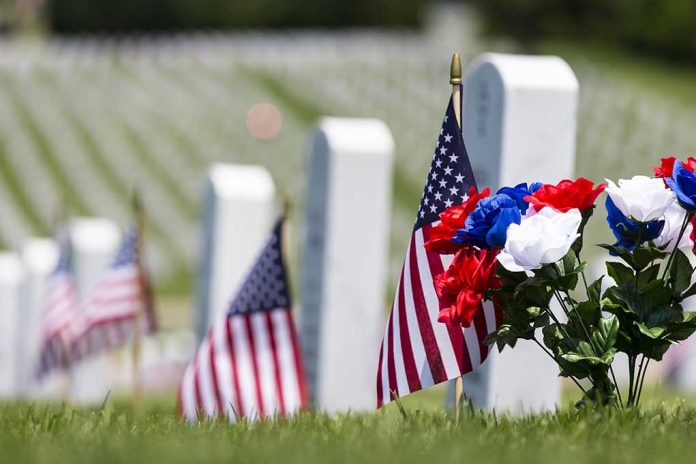 image of American flags adorning gravestones