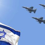 Israeli flag with three fighter jets flying overhead.