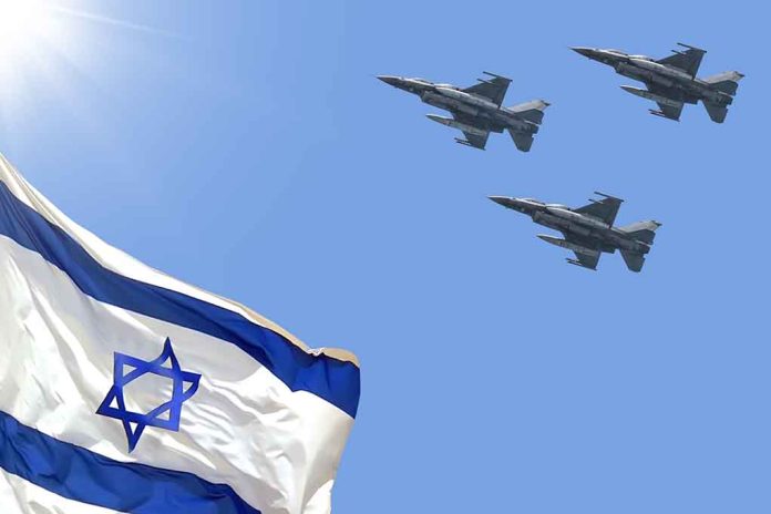 Israeli flag with three fighter jets flying overhead.