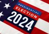 2024 Presidential Election sign on American flag background.