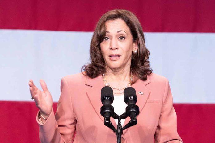 Kamala Harris speaking at a podium.