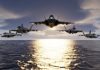 Five jets flying low over the ocean at sunset.