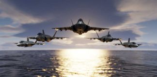 Five jets flying low over the ocean at sunset.