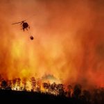 Helicopter fighting massive forest fire with water bucket.