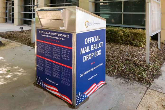 Official mail ballot drop box outside building.