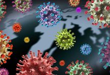 Colorful viruses on map background illustration.