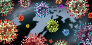 Colorful viruses on map background illustration.