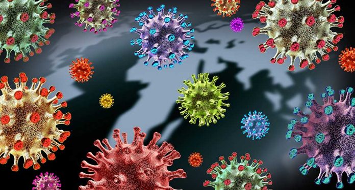 Colorful viruses on map background illustration.