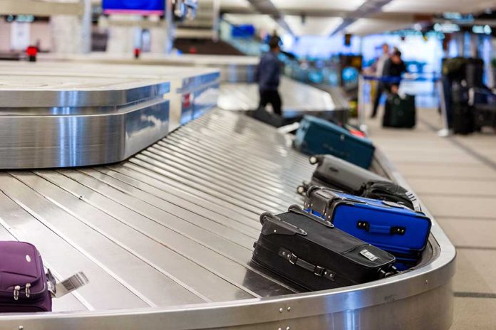 Luggage on airport baggage claim conveyor belt.