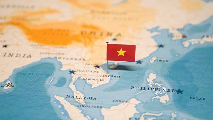 map of Asia with a tiny flag representing Vietnam