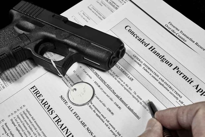 Handgun on concealed carry permit application forms.