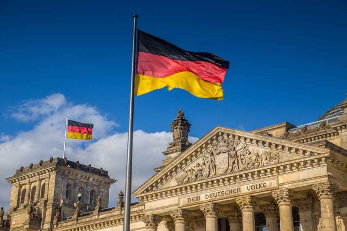 German flags at the Reichstag building in Berlin.