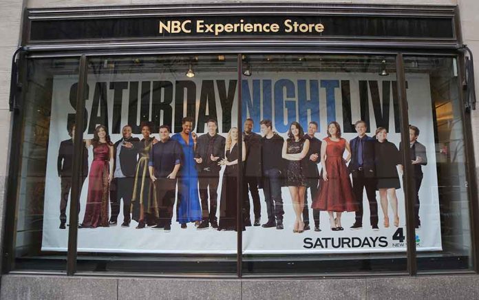 poster of the Saturday Night Live cast in a store window