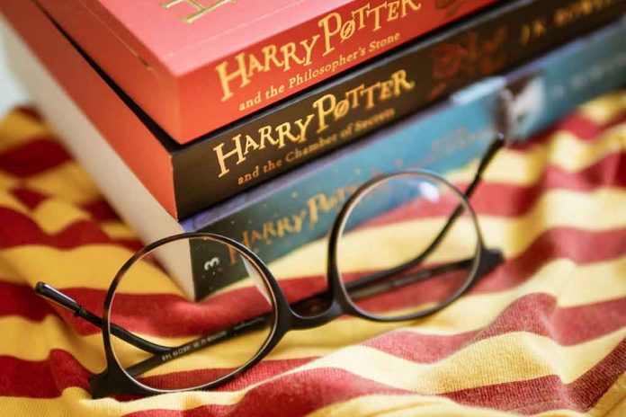 Harry Potter books with round glasses on fabric.