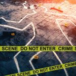 Chalk outline at a crime scene with evidence markers.