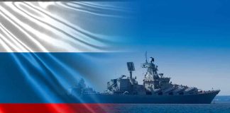 Warship overlaid with the Russian flag.