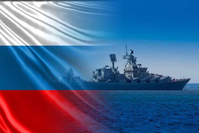 Warship overlaid with the Russian flag.