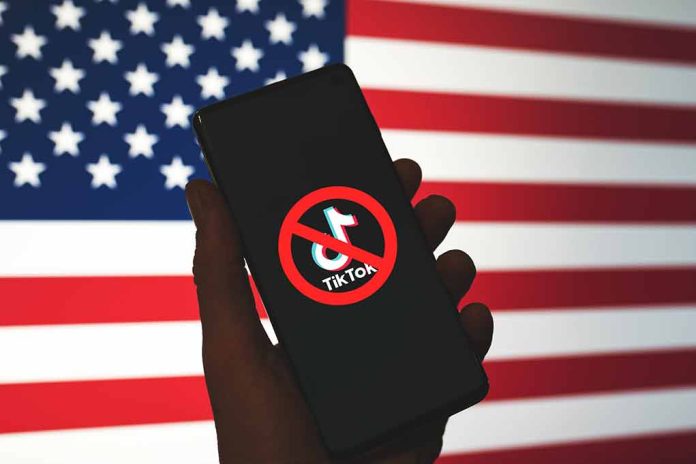 Hand holding phone with banned TikTok symbol USA flag