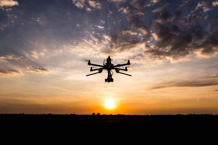 Drone flying against sunset sky.