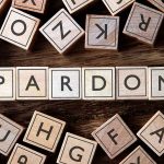 pile of letter tiles arranged to read the word "pardon"