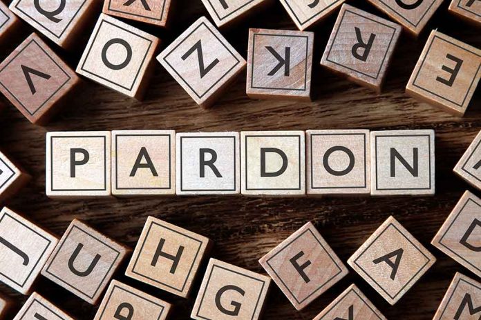 pile of letter tiles arranged to read the word "pardon"