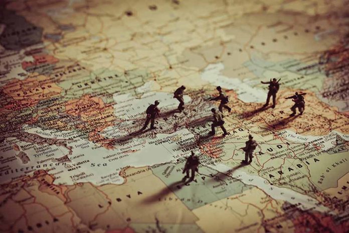 Toy soldiers on a world map background.