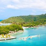 Tropical bay with turquoise water and lush hills