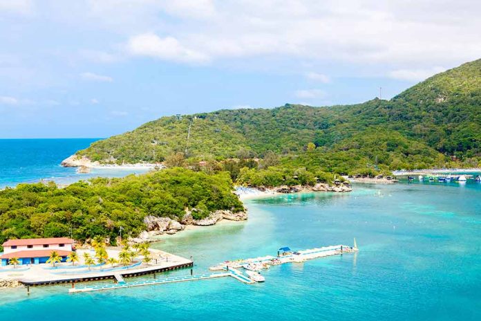 Tropical bay with turquoise water and lush hills