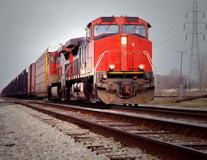 Red freight train on railroad tracks.