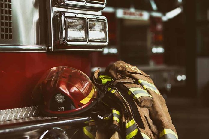 Firefighter helmet and gear beside a fire truck.