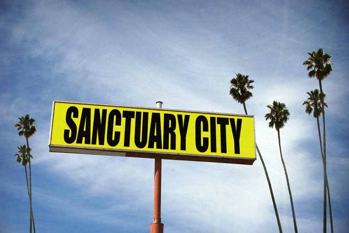 "Sanctuary City" sign with palm trees and sky.