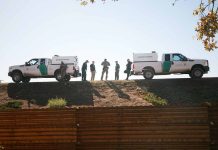 Border patrol agents near vehicles on embankment daytime