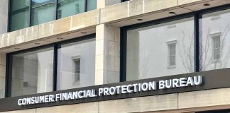 "Consumer Financial Protection Bureau building entrance sign."