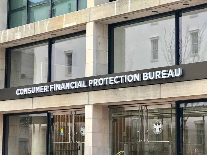 "Consumer Financial Protection Bureau building entrance sign."