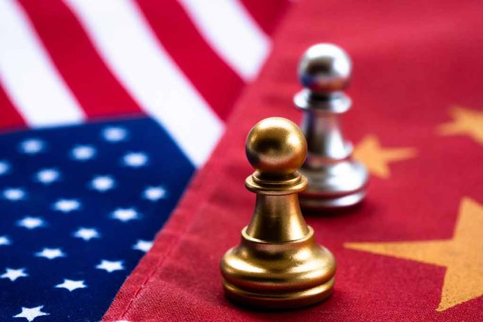 Chess pawns on USA and China flags.