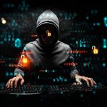 Hacker in hoodie using computer with digital code background.