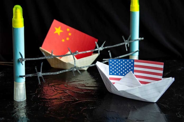 China and USA flags in paper boats with barbed wire.